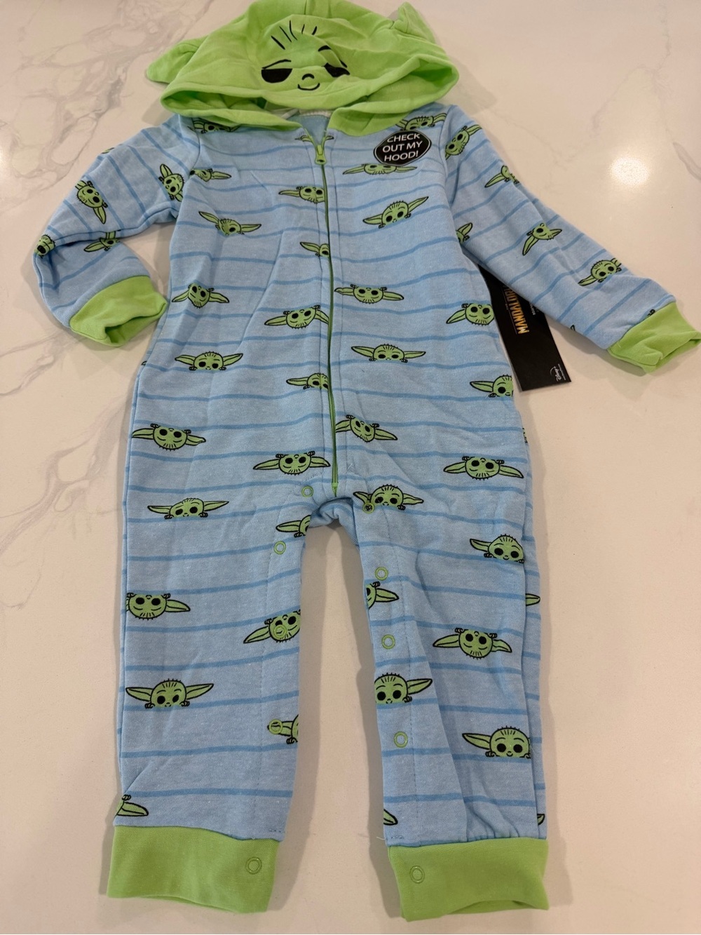 Star Wars Baby One-Piece Footie in Light Blue and Lime Green - The Child Print